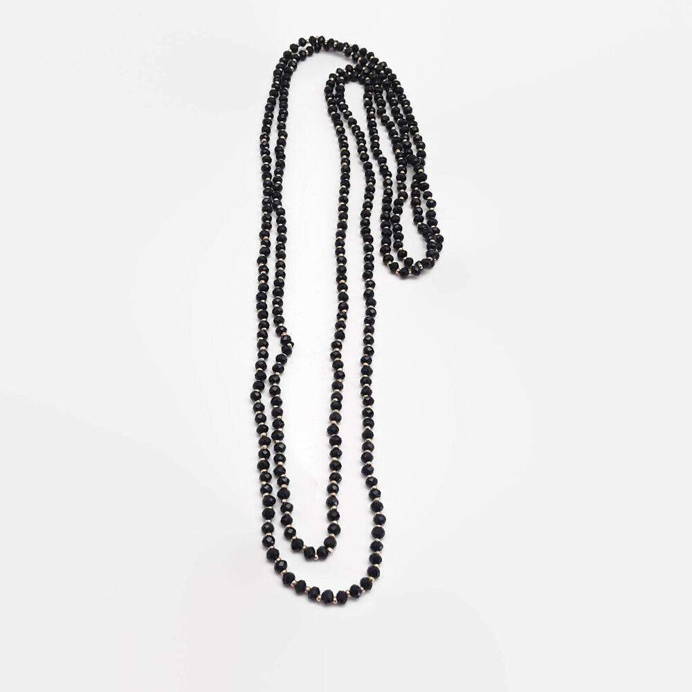 Faceted Black Glass & Gold Tone Bead Continuous Necklace 59"
